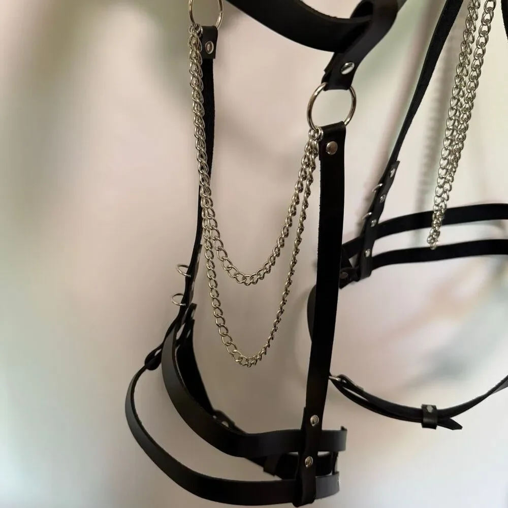 Black Faux Leather garter belt leg chain gothic fetish